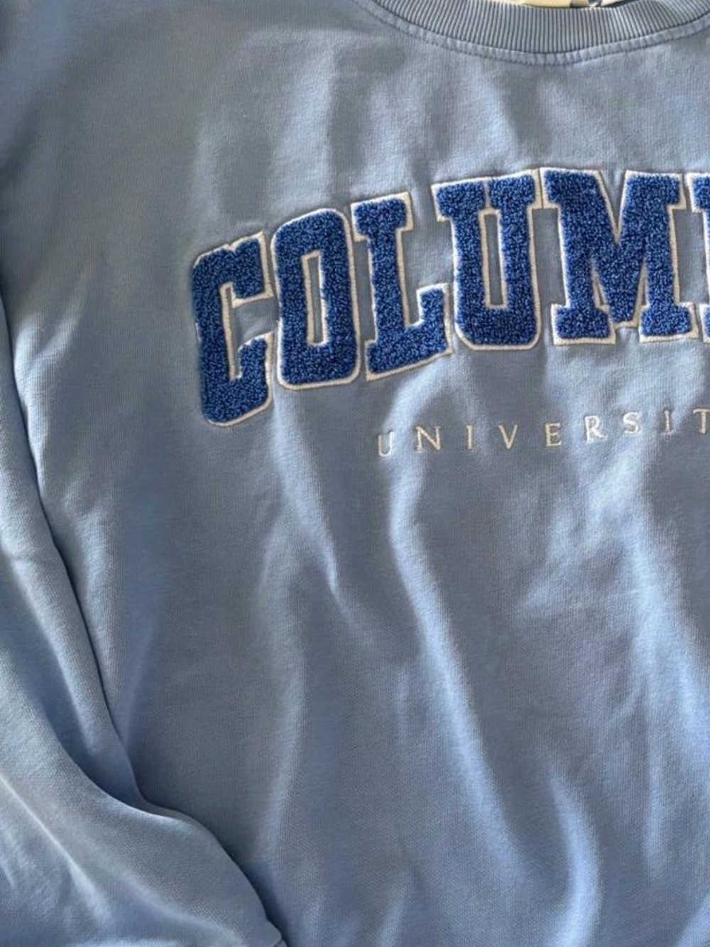 H&M Columbia University Crewneck Sweatshirt with Dark Blue Chenille Lettering